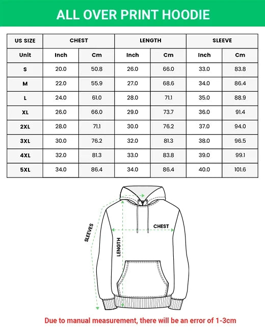 All-over print hoodie size chart, sizes S to 5XL