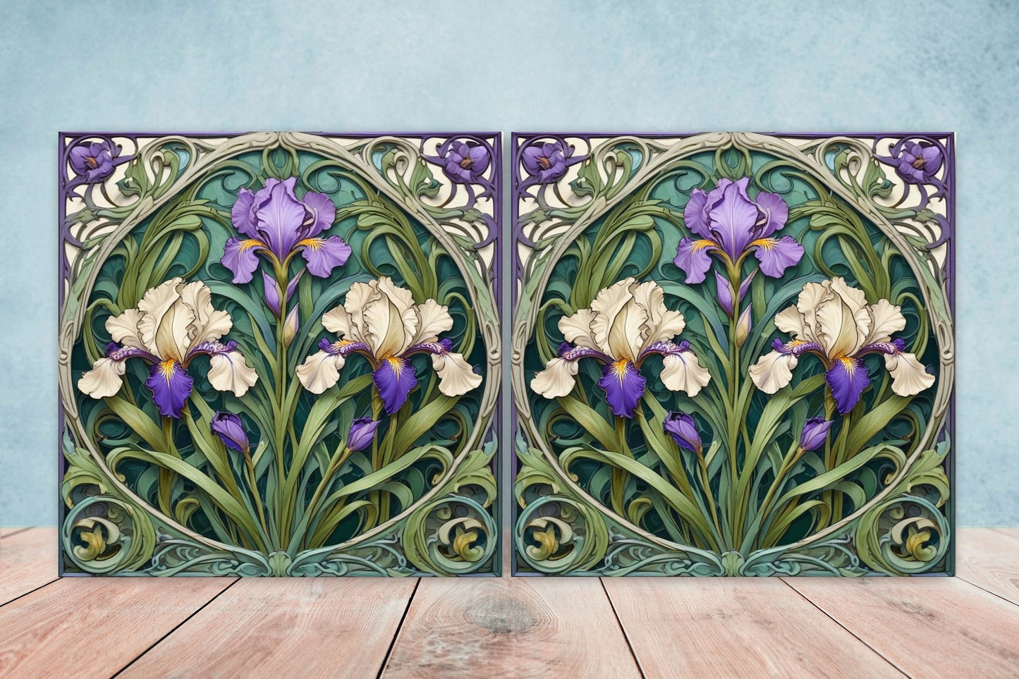 Art Nouveau Iris Ceramic Tile - Floral Kitchen Backsplash Botanical Bathroom Wall Decor