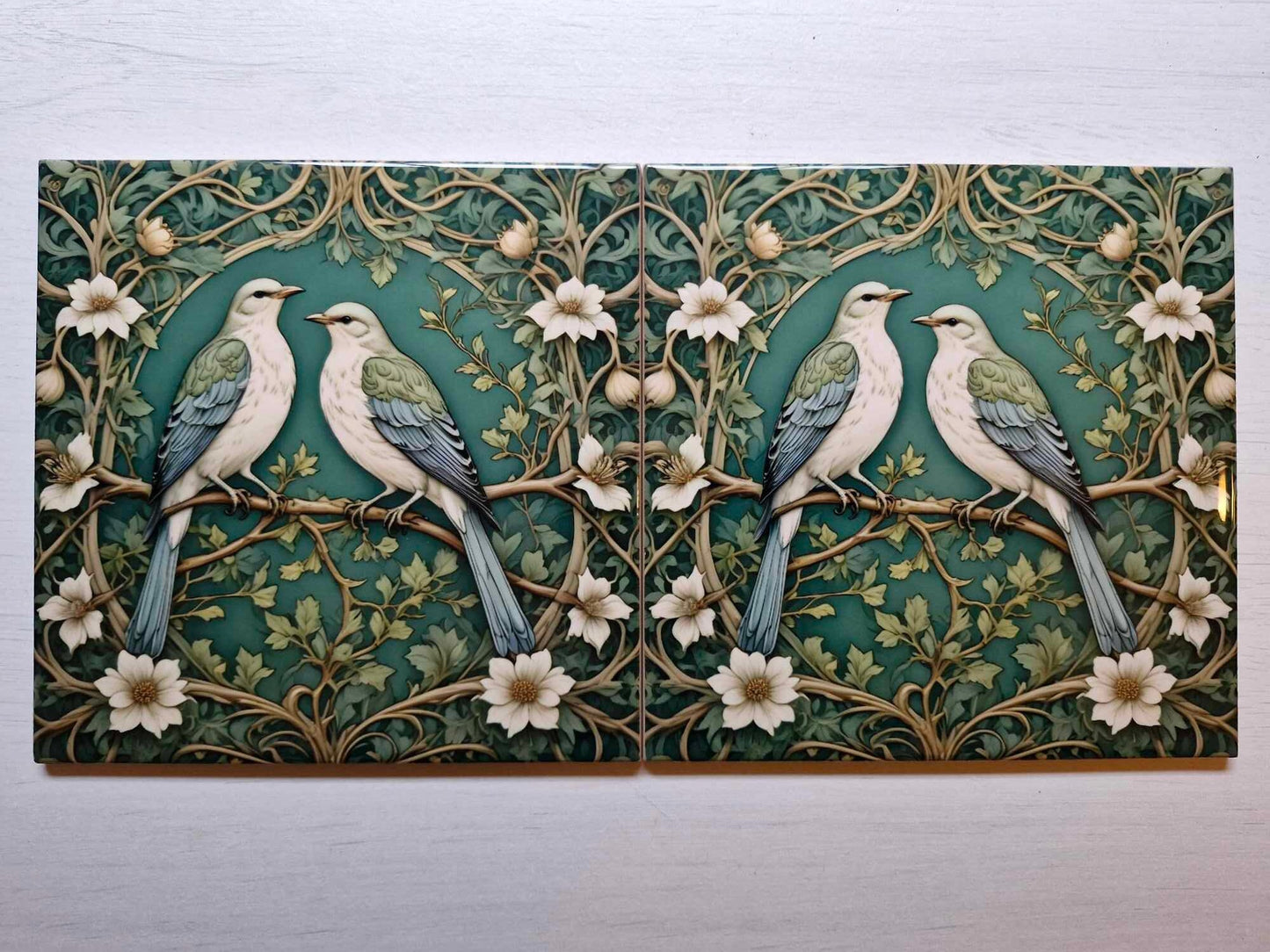 Art Nouveau Mockingbird Ceramic Tiles: Bird Wall Decor, Set Of 2