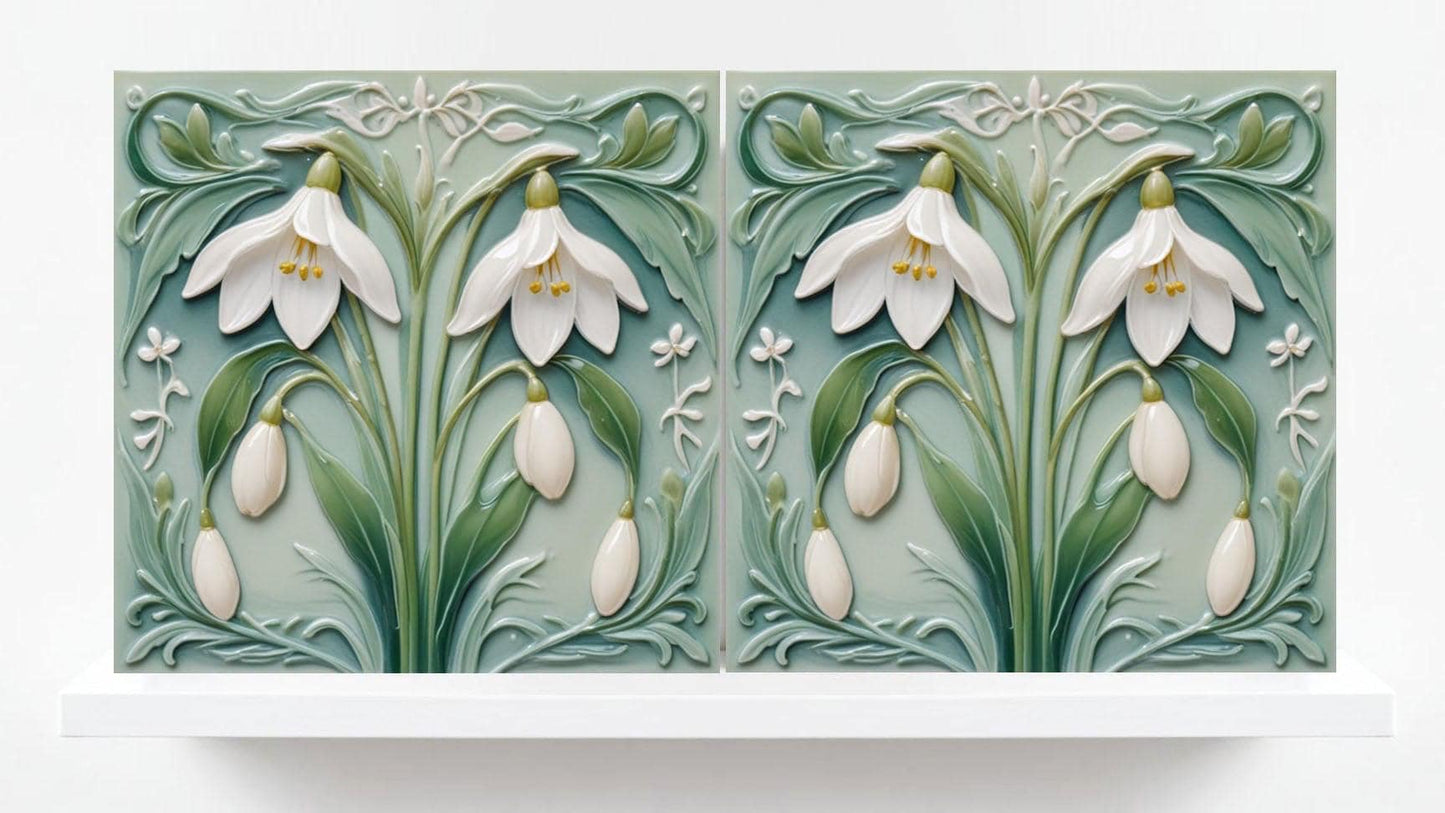 Snowdrop Flower Tile Set: Art Nouveau Green Ceramic Wall Decor