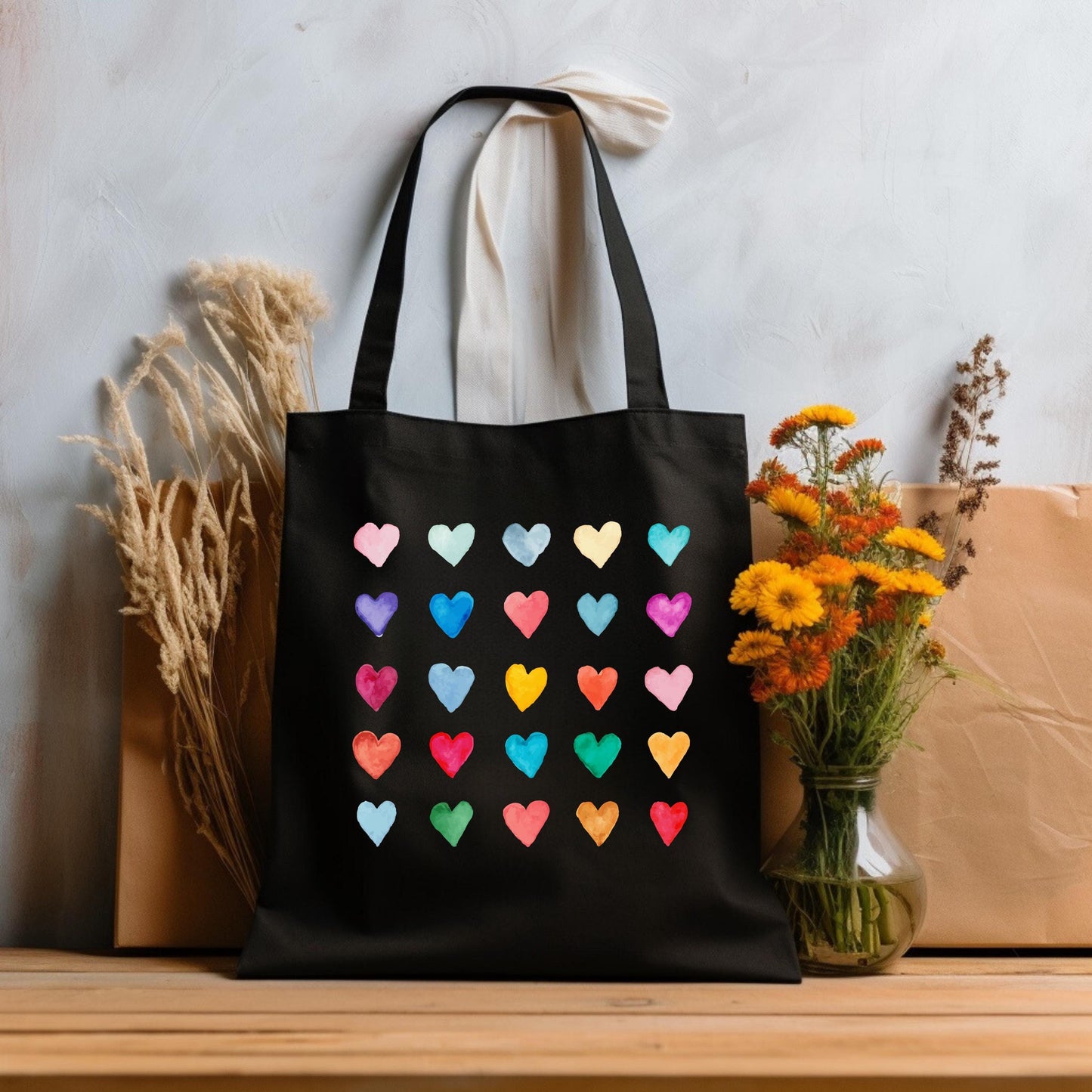 Colorful Heart Tote Bag, Woman Aesthetic Tote Bag, Woman Tote Bag, Shoulder Bag,Red Hearts Tote Bag, Aesthetic Bag, Casual Canvas Tote