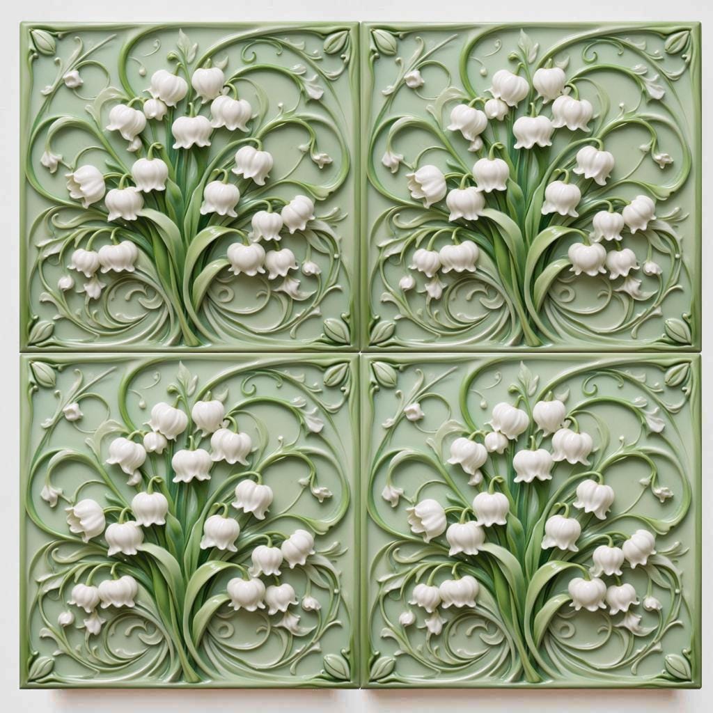 Art Nouveau Lily Of The Valley Ceramic Tile, Botanical Floral Wall Decor Flat Glossy Finish