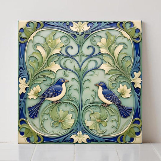 Art Nouveau Bird Ceramic Tiles - Set Of 2 Wall Decor Tiles