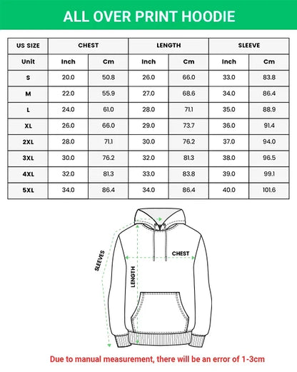 All-over print hoodie size chart, sizes S to 5XL