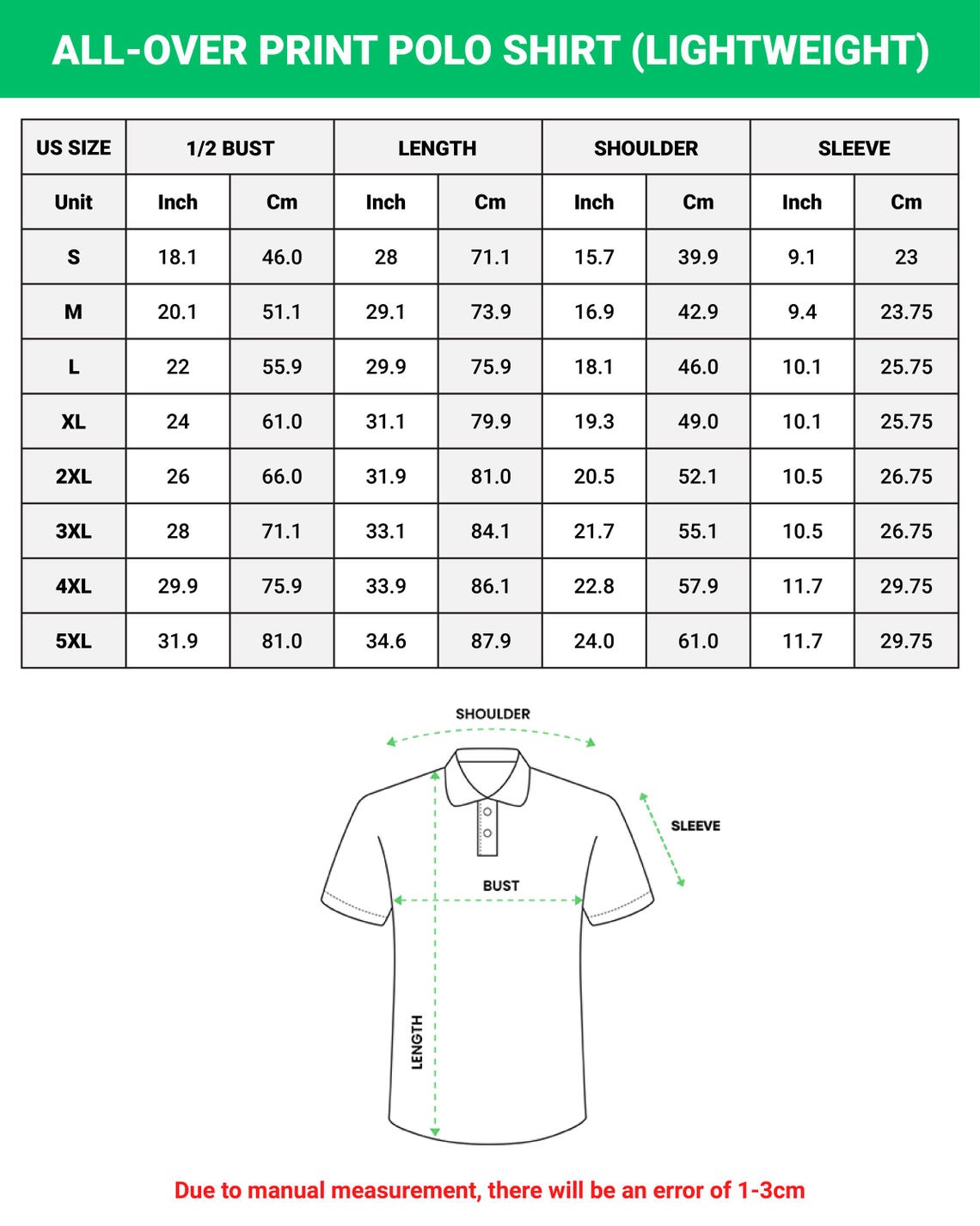 All-over print lightweight polo shirt size chart, sizes S to 5XL
