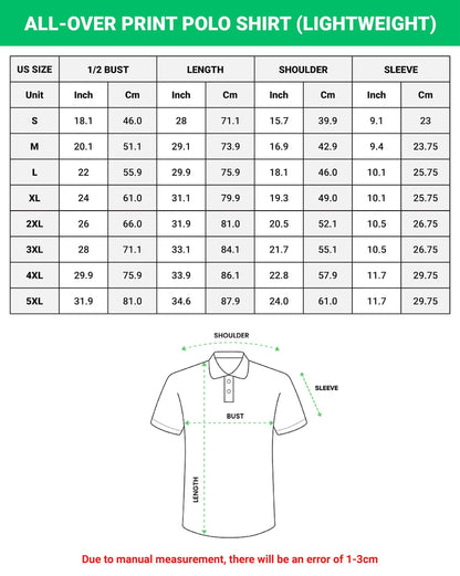 All-over print lightweight polo shirt size chart, sizes S to 5XL