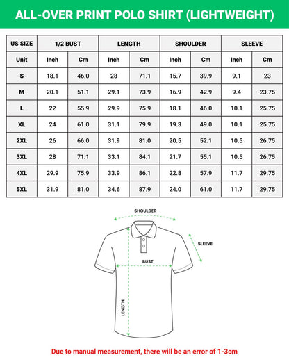 All-over print lightweight polo shirt size chart, sizes S to 5XL