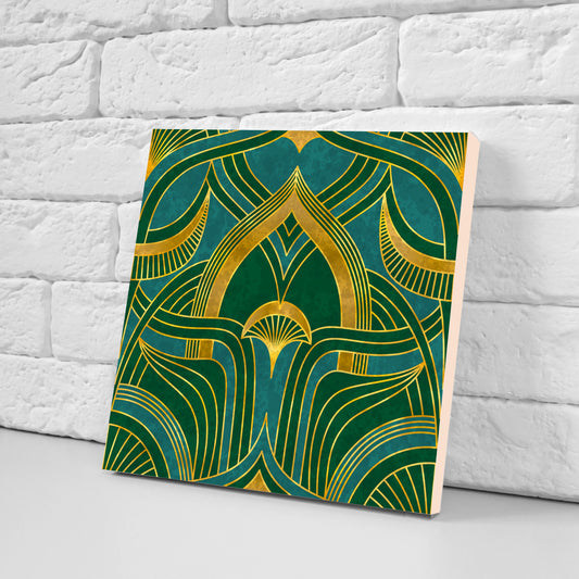 Art Nouveau Ceramic Tiles: Emerald Green & Gold Wall Decor - Set Of 2