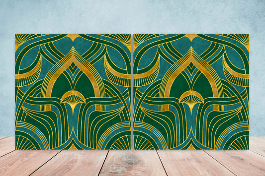 Art Nouveau Ceramic Tiles: Emerald Green & Gold Wall Decor - Set Of 2