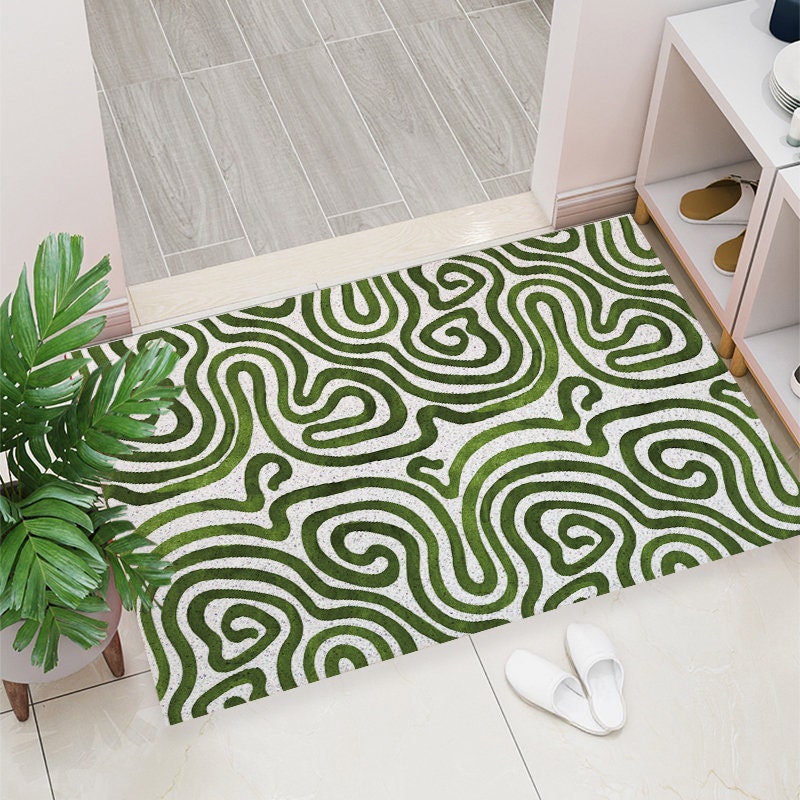 Abstract Green Curved Line Art Coil Doormat — Washable Indoor Outdoor Entryway Mat