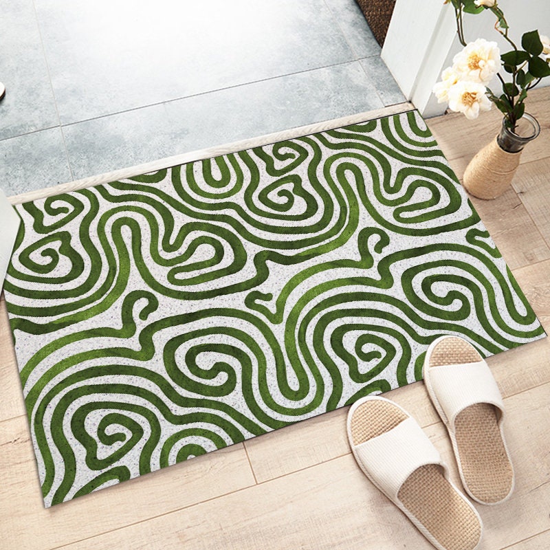 Abstract Green Curved Line Art Coil Doormat — Washable Indoor Outdoor Entryway Mat