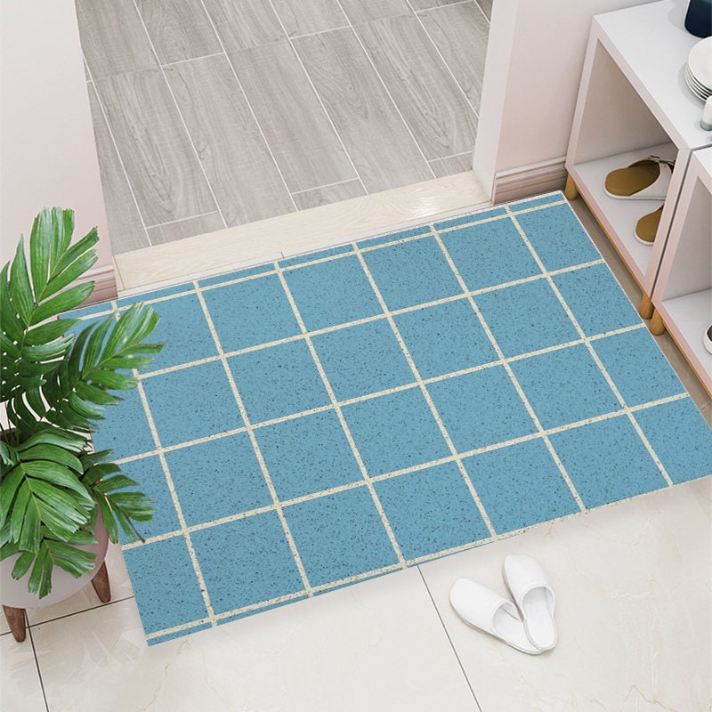 Cute Blue Squared Art Print Coil Doormat — Washable Indoor Outdoor Entryway Mat