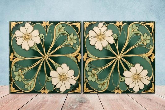 Art Nouveau Flower Ceramic Tiles - Decorative Kitchen & Bathroom Wall Decor - Set Of 2