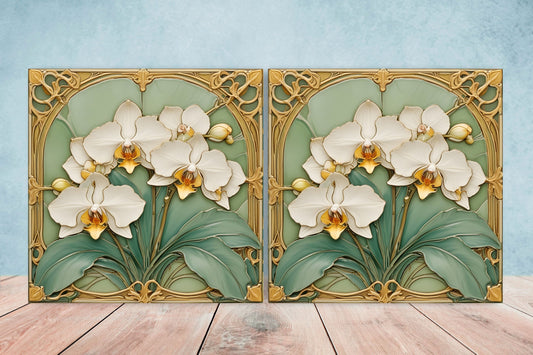 Art Nouveau Floral Ceramic Tiles: Kitchen & Bath Wall Decor - Set Of 2