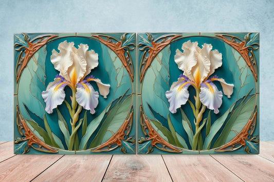 Art Nouveau Iris Ceramic Tiles: Kitchen & Bath Wall Decor - Set Of 2