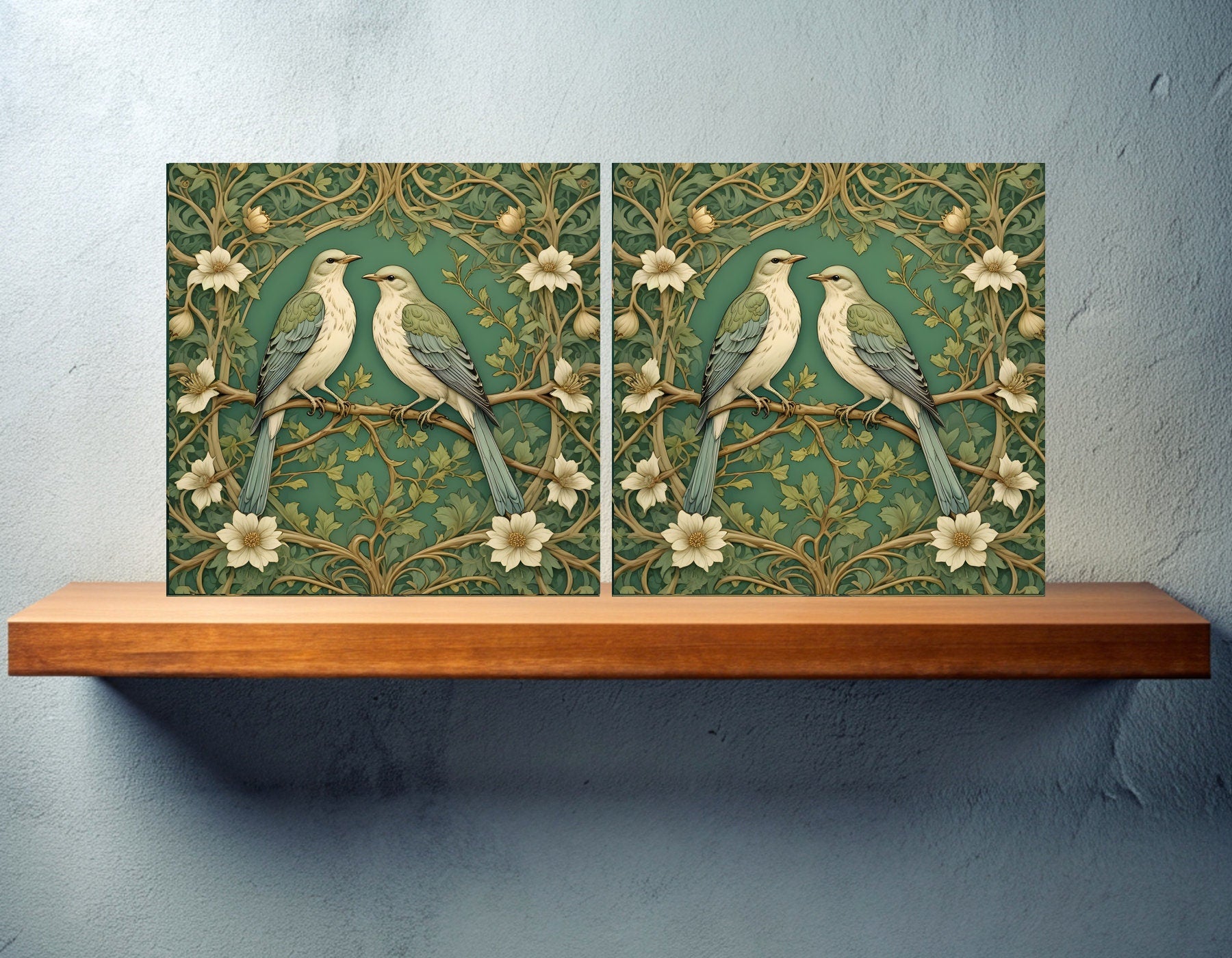 Art Nouveau Mockingbird Ceramic Tiles: Bird Wall Decor, Set Of 2