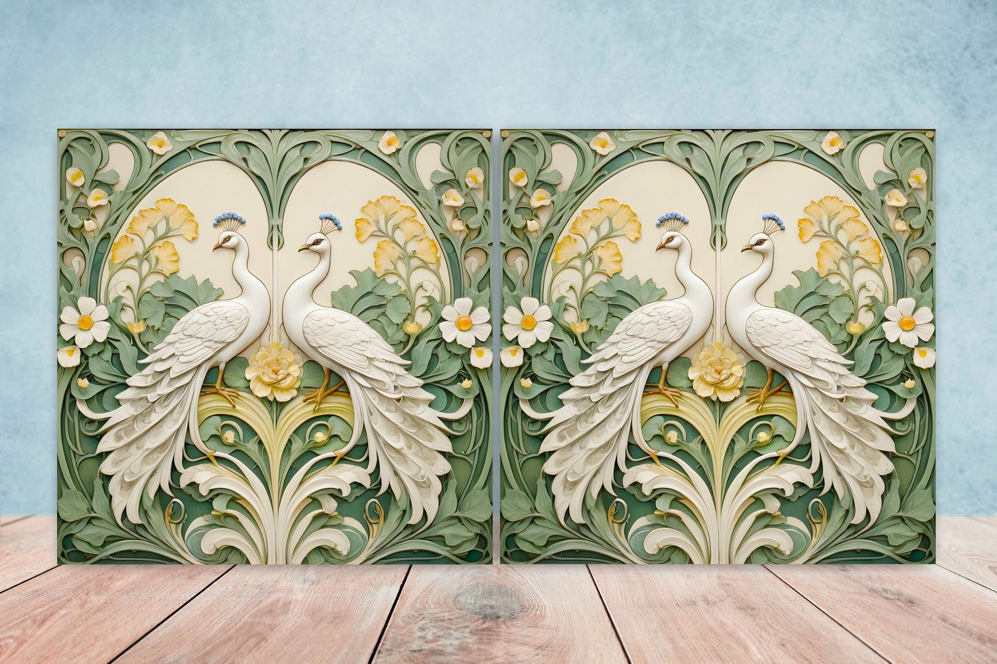 Art Nouveau Peacock Ceramic Tiles: Kitchen & Bath Decor (set Of 2)