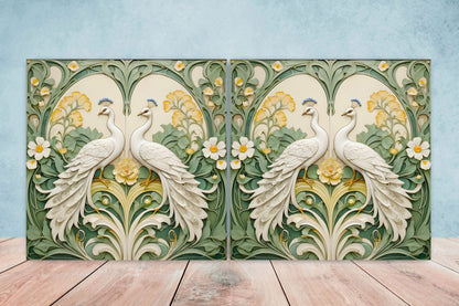 Art Nouveau Peacock Ceramic Tiles: Kitchen & Bath Decor (set Of 2)