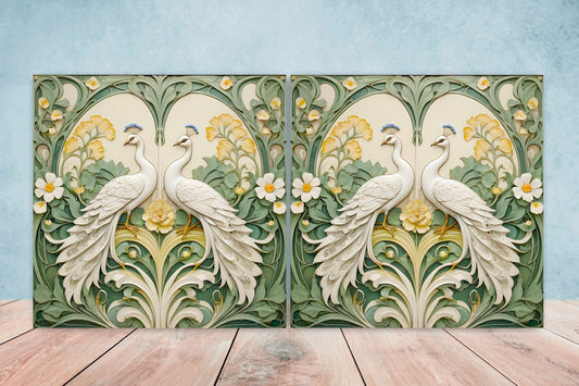 Art Nouveau Peacock Ceramic Tiles: Kitchen & Bath Decor (set Of 2)