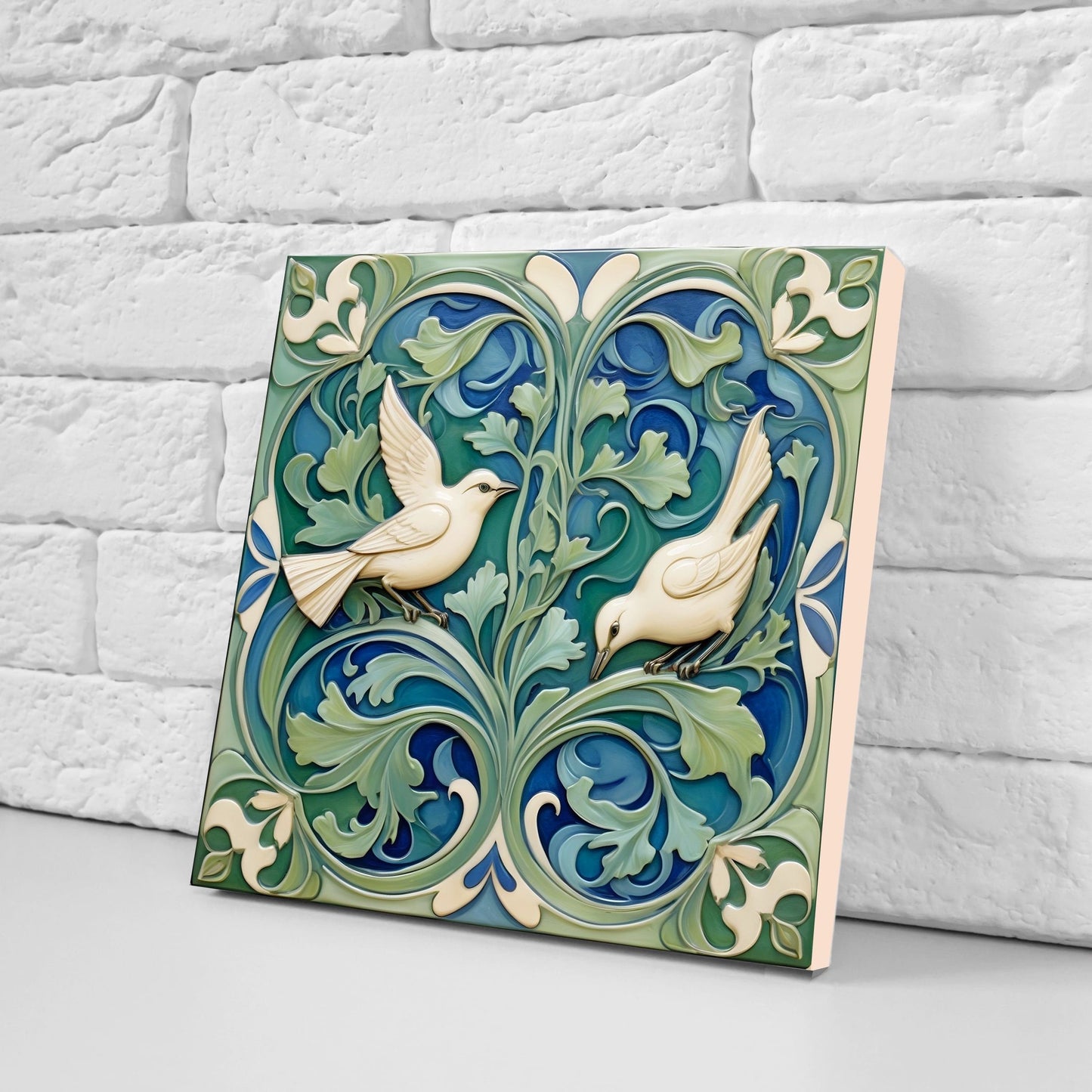 Art Nouveau Bird Ceramic Tiles - Set Of 2 Floral Wall Decor