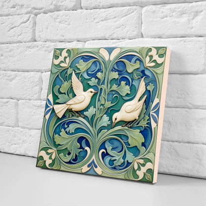 Art Nouveau Bird Ceramic Tiles - Set Of 2 Floral Wall Decor
