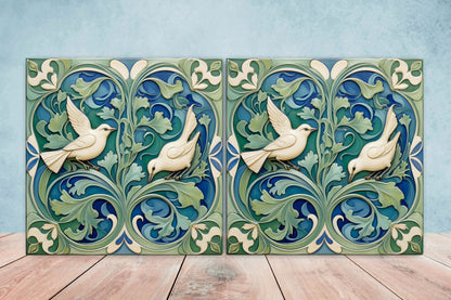 Art Nouveau Bird Ceramic Tiles - Set Of 2 Floral Wall Decor