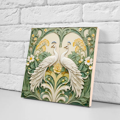 Art Nouveau Peacock Ceramic Tiles: Kitchen & Bath Decor (set Of 2)