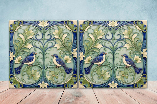 Art Nouveau Bird Ceramic Tiles - Set Of 2 Wall Decor Tiles