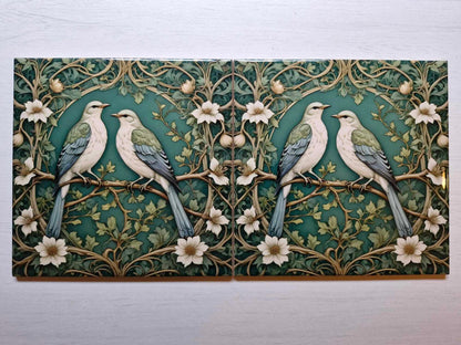 Art Nouveau Mockingbird Ceramic Tiles: Bird Wall Decor, Set Of 2