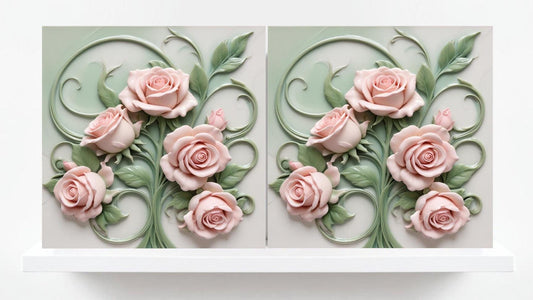 Art Nouveau Rose Ceramic Tiles: Botanical Wall Decor Set (2) Flat Glossy Finish