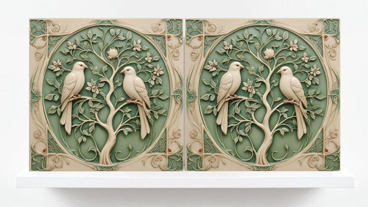 Art Nouveau Bird And Flower Ceramic Tiles - Botanical Wall Decor, Set Of 2