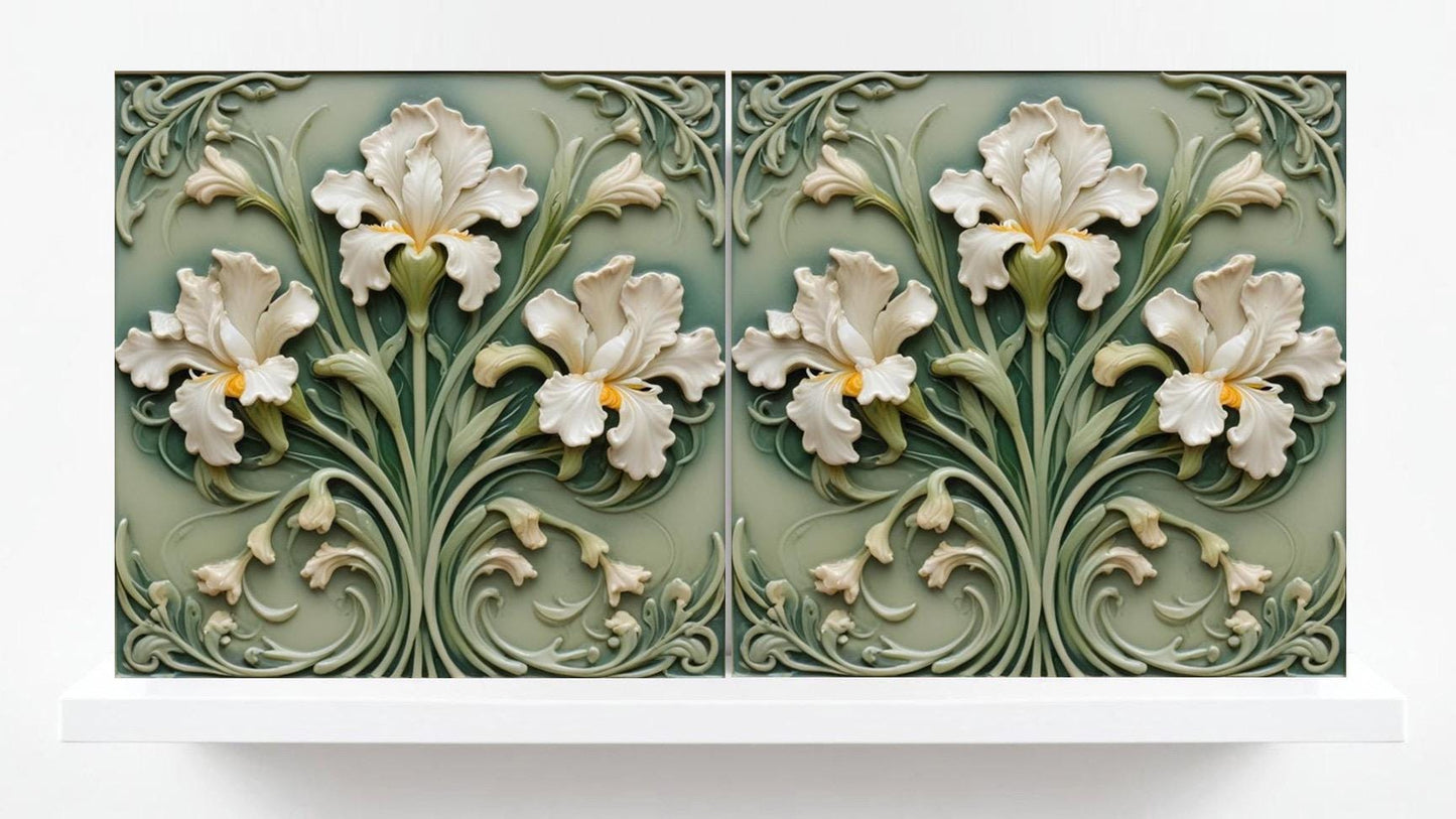 Art Nouveau Iris Ceramic Tiles: Kitchen & Bath Wall Decor - Set Of 2