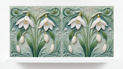 Snowdrop Flower Tile Set: Art Nouveau Green Ceramic Wall Decor