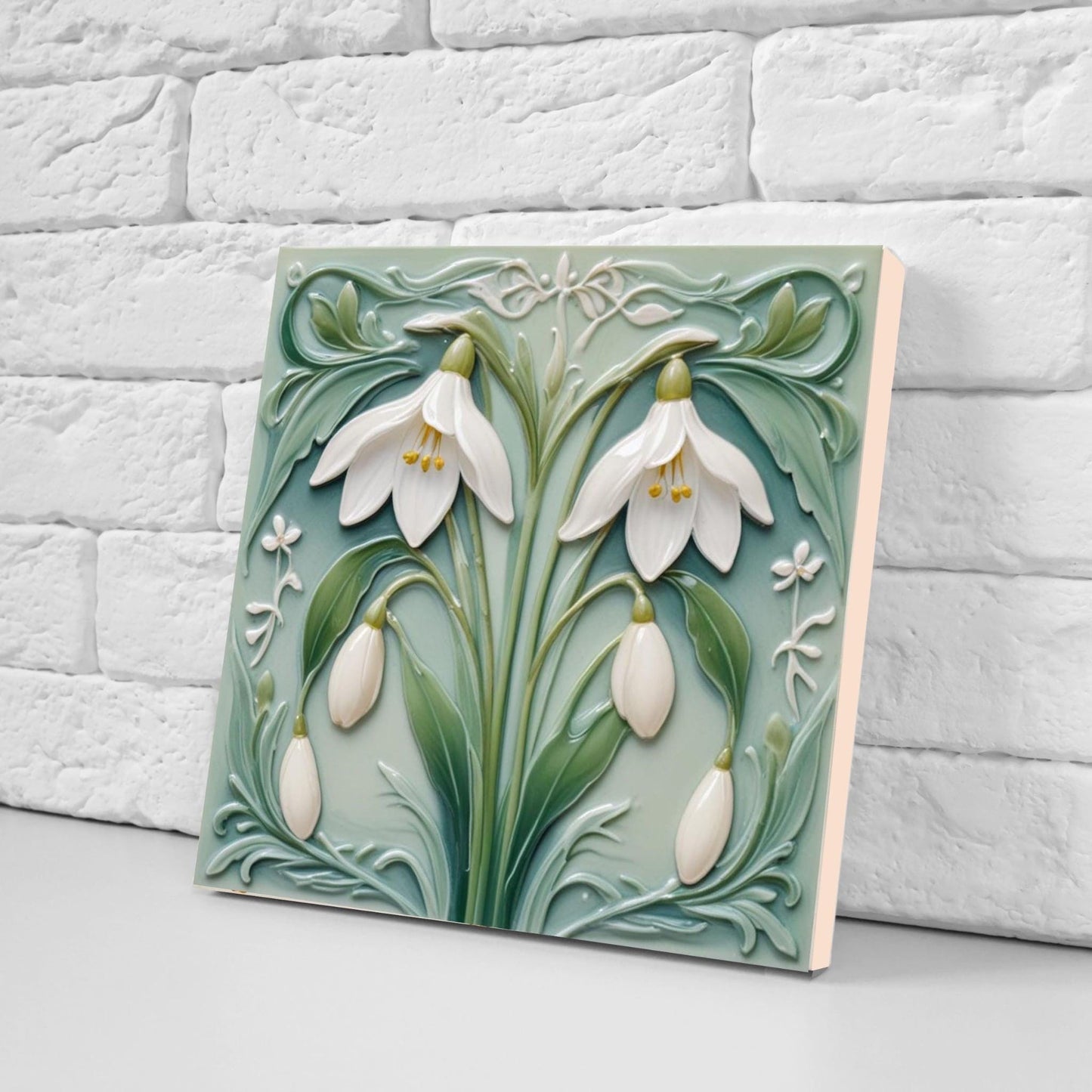 Snowdrop Flower Tile Set: Art Nouveau Green Ceramic Wall Decor