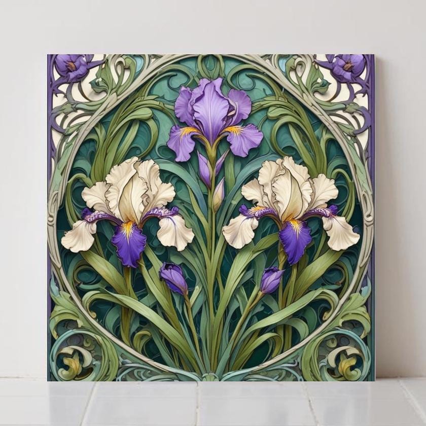 Art Nouveau Iris Ceramic Tile - Floral Kitchen Backsplash Botanical Bathroom Wall Decor