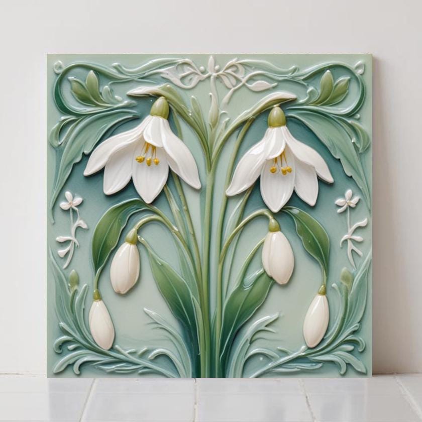 Snowdrop Flower Tile Set: Art Nouveau Green Ceramic Wall Decor