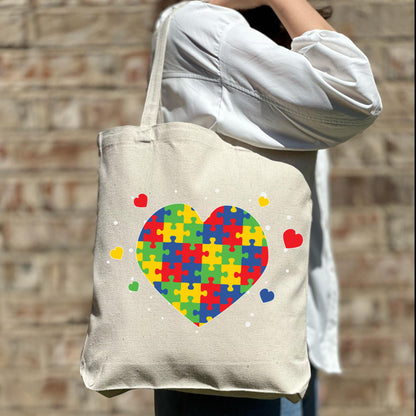 Autism heart Awareness Tote Bag,Autism Shirt,Autism Mom Bag,Awareness Shirt,Puzzle Tote Bag, Autism Awareness Casual Canvas Tote Bag