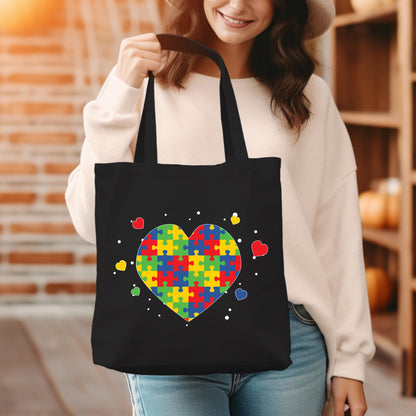 Autism heart Awareness Tote Bag,Autism Shirt,Autism Mom Bag,Awareness Shirt,Puzzle Tote Bag, Autism Awareness Casual Canvas Tote Bag
