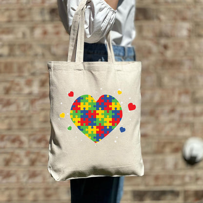 Autism heart Awareness Tote Bag,Autism Shirt,Autism Mom Bag,Awareness Shirt,Puzzle Tote Bag, Autism Awareness Casual Canvas Tote Bag