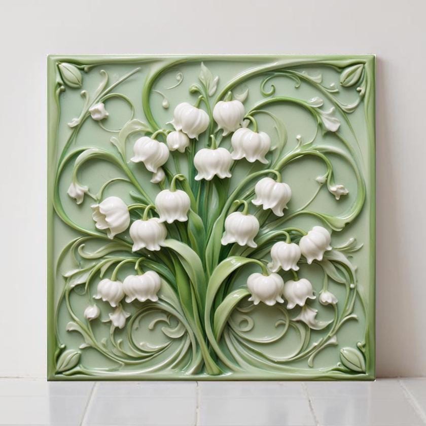 Art Nouveau Lily Of The Valley Ceramic Tile, Botanical Floral Wall Decor Flat Glossy Finish