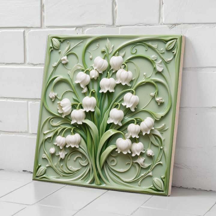 Art Nouveau Lily Of The Valley Ceramic Tile, Botanical Floral Wall Decor Flat Glossy Finish