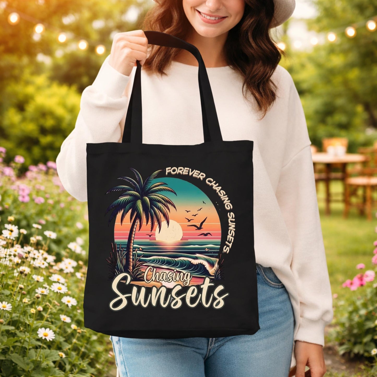 Chasing Sunsets Beach Tote, Forever Chasing Sunsets Tote Bag,Retro Sunset Palm Tree Graphic Tote Bag,Tropical Coastal Summer Vacay Boho Tote