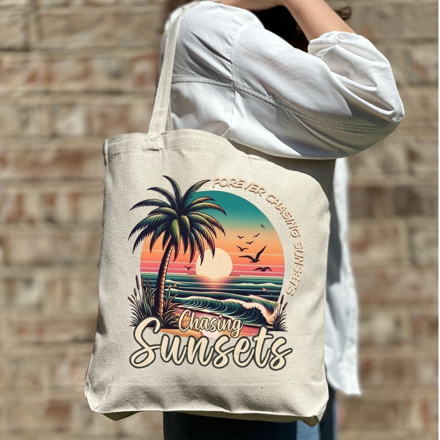 Chasing Sunsets Beach Tote, Forever Chasing Sunsets Tote Bag,Retro Sunset Palm Tree Graphic Tote Bag,Tropical Coastal Summer Vacay Boho Tote