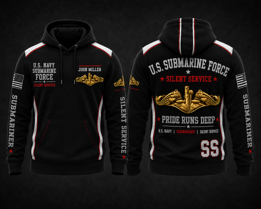 Custom Name Us Navy Submarine Force Silent Service Pride Runs Deep 3d Hoodie