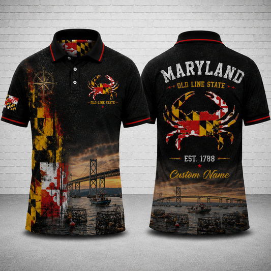 Custom Name Maryland Blue Crab Polo Shirt - Chesapeake Bay Old Line State Polo